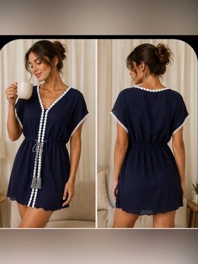 Spense Navy Swim Sarong Cover-Up with White Trim and Tassel Tie
